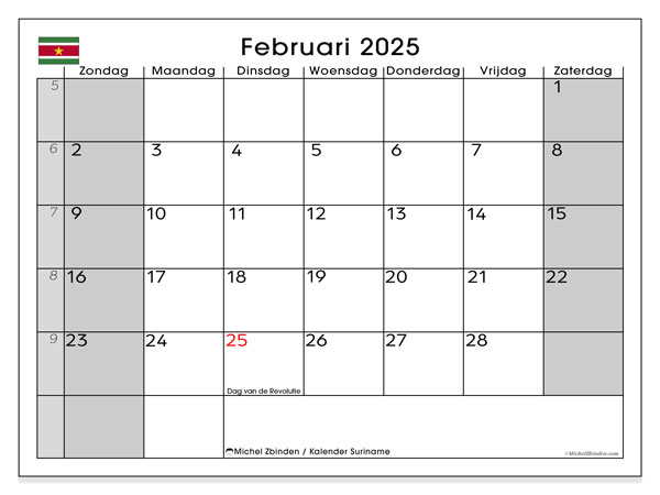 Kalender februari 2025 “Suriname”. Gratis printbare kaart.. Zondag tot zaterdag