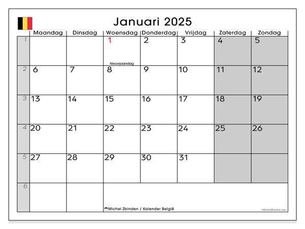 Calendario gennaio 2025, Belgio (NL). Calendario da stampare gratuito.