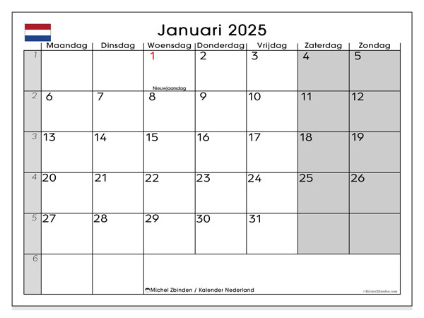Calendario gennaio 2025, Paesi Bassi (NL). Calendario da stampare gratuito.