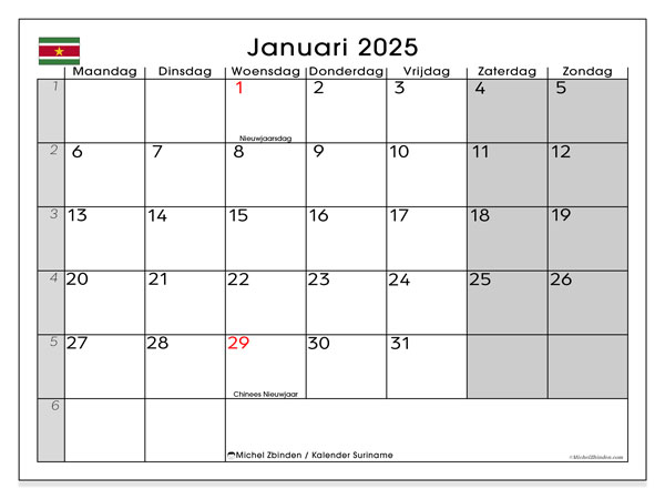 Kalender januari 2025 “Suriname”. Gratis afdrukbare kalender.. Maandag tot zondag