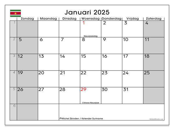 Kalender januari 2025 “Suriname”. Gratis afdrukbare kalender.. Zondag tot zaterdag