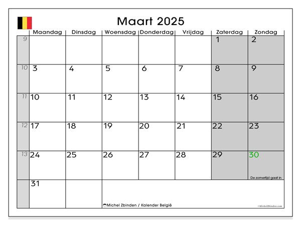 Kalender März 2025, Belgien (NL). Programm zum Ausdrucken kostenlos.
