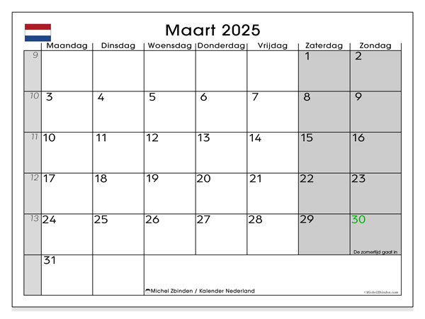Kalender mars 2025, Nederländerna (NL). Gratis karta som kan skrivas ut.