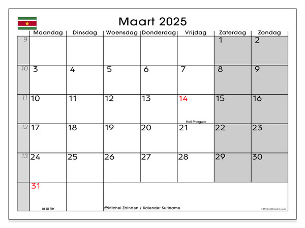 Kalender März 2025, Surinam (NL). Programm zum Ausdrucken kostenlos.