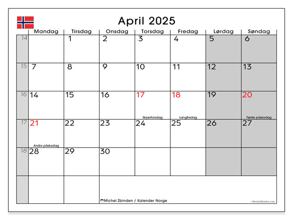 Calendario aprile 2025, Norvegia (NO). Piano da stampare gratuito.
