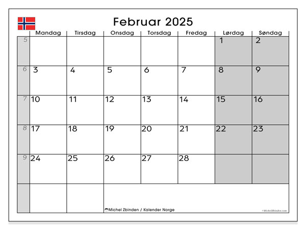 Kalender Februar 2025, Norwegen (NO). Kalender zum Ausdrucken kostenlos.