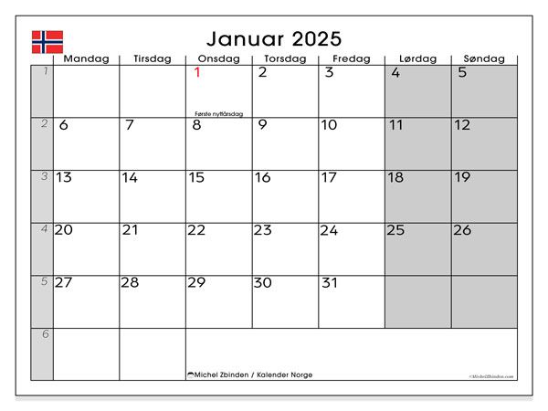 Calendario gennaio 2025, Norvegia (NO). Calendario da stampare gratuito.