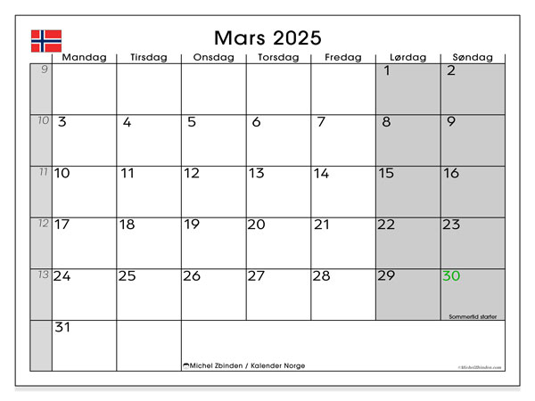 Kalender mars 2025, Norge (NO). Gratis karta som kan skrivas ut.