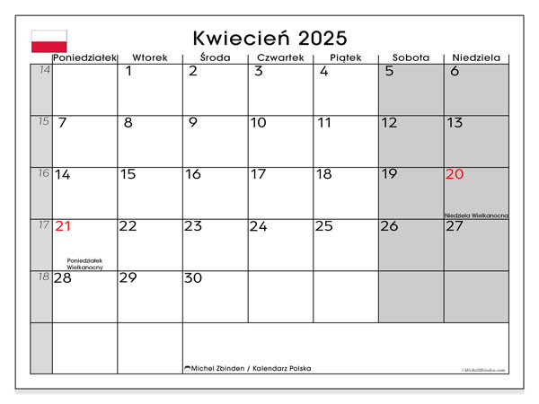 Calendario aprile 2025, Polonia (PL). Piano da stampare gratuito.