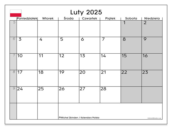 Calendario febbraio 2025, Polonia (PL). Programma da stampare gratuito.