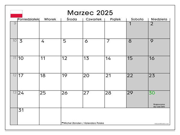 Calendario marzo 2025, Polonia (PL). Orario da stampare gratuito.