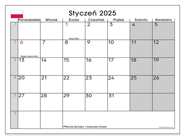 Kalender Januar 2025, Polen (PL). Programm zum Ausdrucken kostenlos.