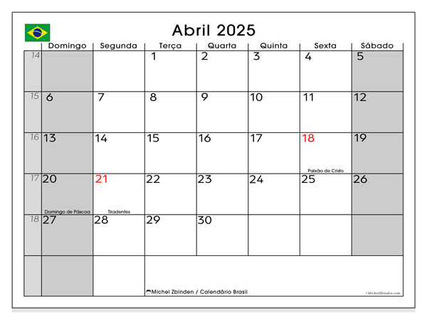 Calendario aprile 2025, Brasile (PT). Piano da stampare gratuito.