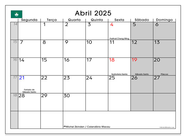 Calendario aprile 2025, Macao (PT). Piano da stampare gratuito.