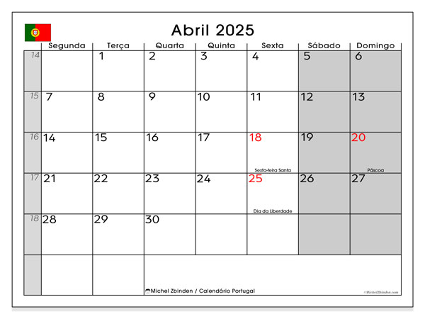 Calendario aprile 2025, Portogallo (PT). Piano da stampare gratuito.