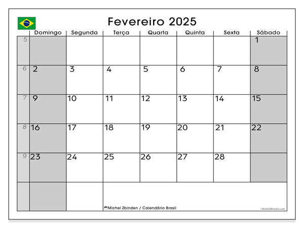 Calendario febbraio 2025, Brasile (PT). Programma da stampare gratuito.