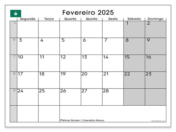 Kalender Februar 2025, Macau (PT). Kalender zum Ausdrucken kostenlos.