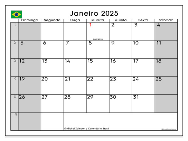 Calendario gennaio 2025, Brasile (PT). Calendario da stampare gratuito.