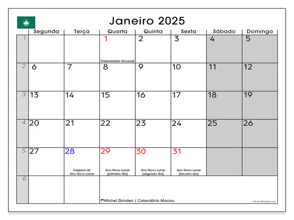 Kalender Januar 2025, Macau (PT). Programm zum Ausdrucken kostenlos.
