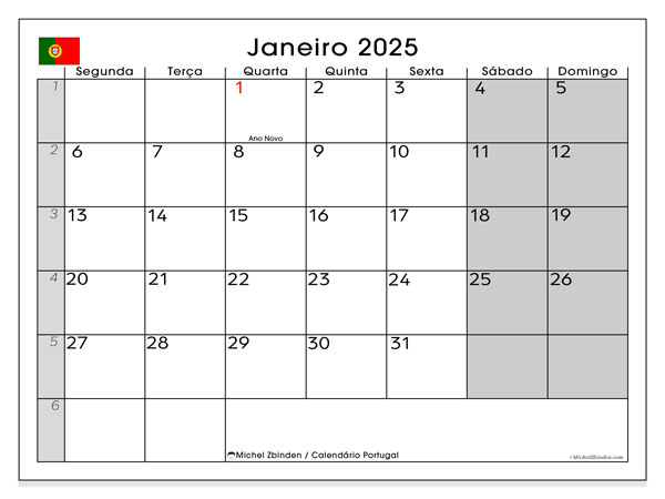 Kalender Januar 2025, Portugal (PT). Programm zum Ausdrucken kostenlos.