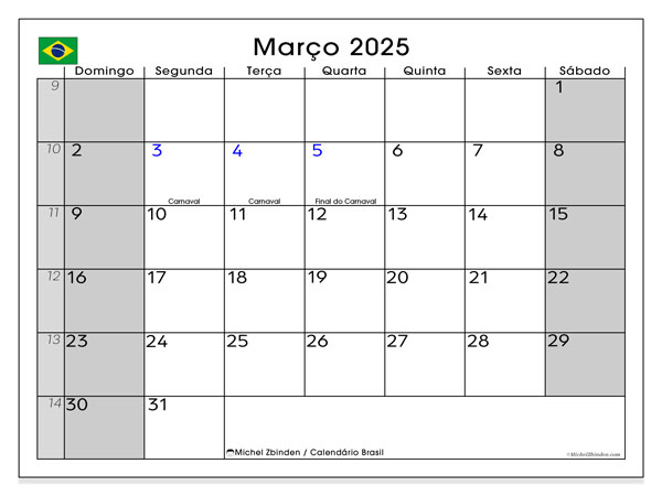 Kalender mars 2025, Brasilien (PT). Gratis karta som kan skrivas ut.
