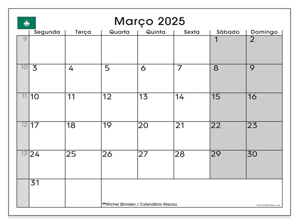 Kalender mars 2025, Macao (PT). Gratis karta som kan skrivas ut.