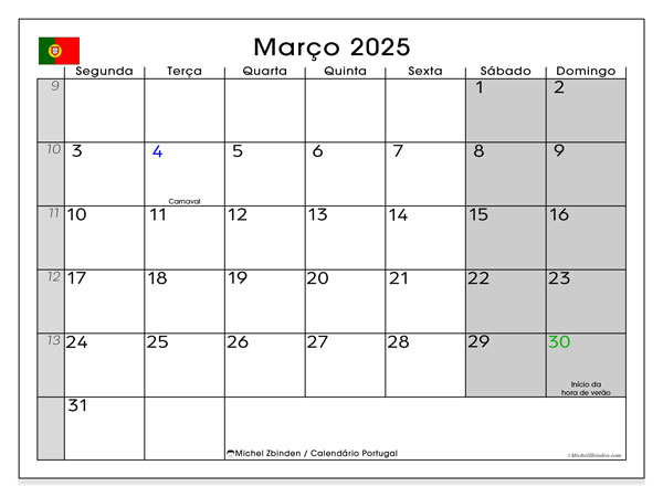 Kalender mars 2025, Portugal (PT). Gratis karta som kan skrivas ut.