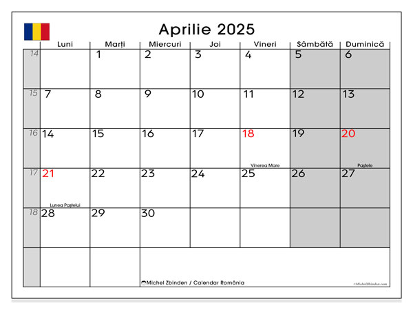 Calendar aprilie 2025 “România”. Calendar pentru imprimare gratuit.. Luni până duminică