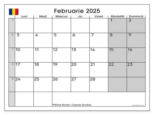 Calendario febbraio 2025, Romania (RO). Programma da stampare gratuito.