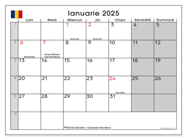 Calendario gennaio 2025, Romania (RO). Calendario da stampare gratuito.