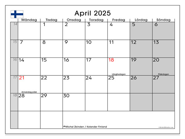 Kalender april 2025 “Finland”. Schema för gratis utskrift.. Måndag till söndag
