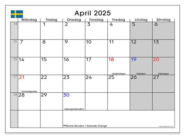 Calendario aprile 2025, Svezia (SV). Piano da stampare gratuito.