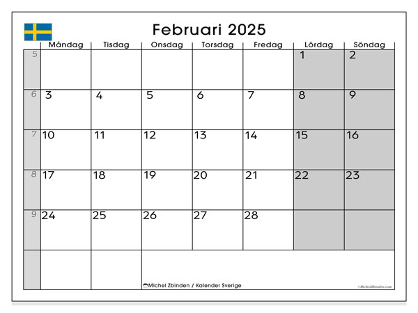 Kalender Februar 2025, Schweden (SV). Kalender zum Ausdrucken kostenlos.