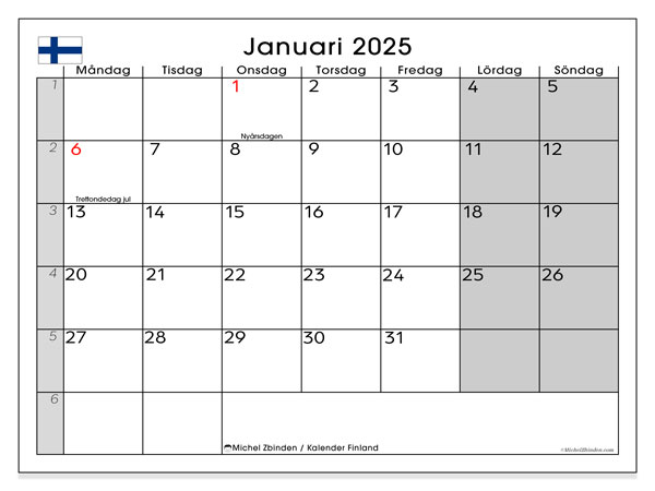 Calendario gennaio 2025, Finlandia (SV). Calendario da stampare gratuito.