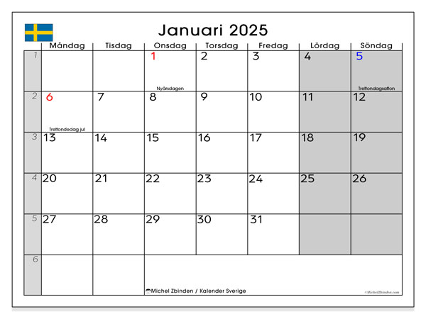 Kalender Januar 2025, Schweden (SV). Programm zum Ausdrucken kostenlos.