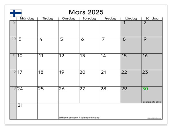 Kalender mars 2025, Finland. Gratis karta som kan skrivas ut.