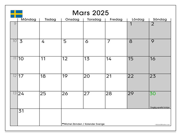 Kalender mars 2025, Sverige. Gratis karta som kan skrivas ut.
