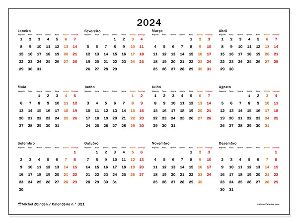 Calendário n.° 32 para 2024, que pode ser impresso gratuitamente. Semana:  Segunda-feira a domingo.