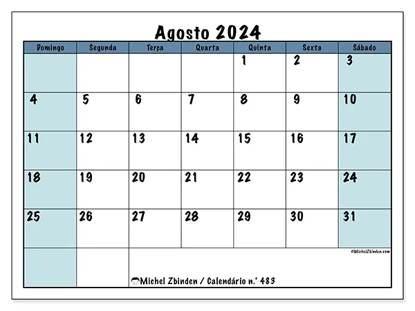 Calendário n.° 483 para agosto de 2024, que pode ser impresso gratuitamente. Semana:  De domingo a sábado.