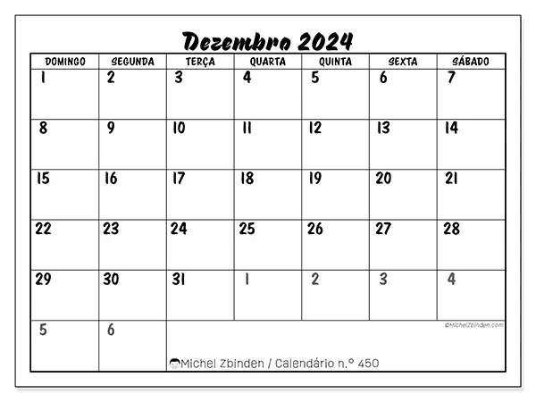 Calendário n.° 450 para dezembro de 2024, que pode ser impresso gratuitamente. Semana:  De domingo a sábado.
