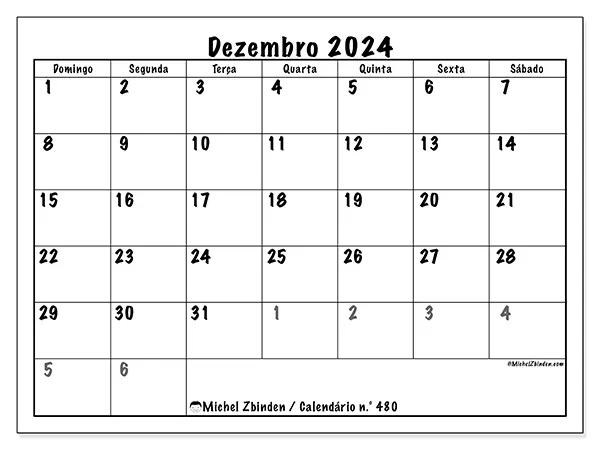Calendário para imprimir n° 480, dezembro de 2024