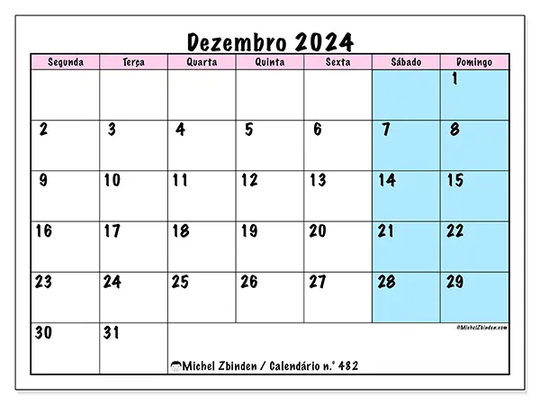 Calendário para imprimir n° 482, dezembro de 2024