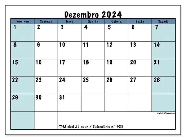 Calendário para imprimir n° 483, dezembro de 2024