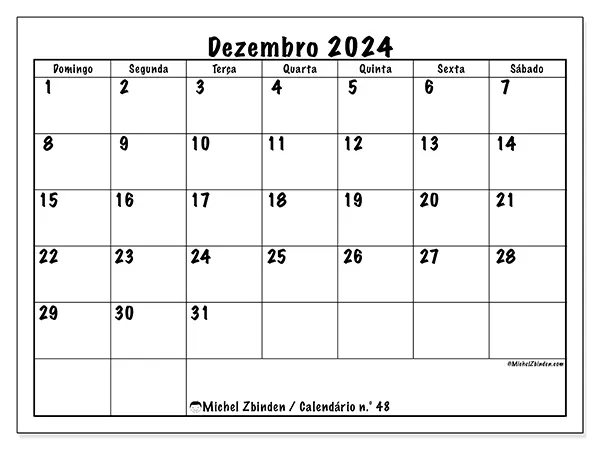Calendário n.° 48 para dezembro de 2024, que pode ser impresso gratuitamente. Semana:  De domingo a sábado.