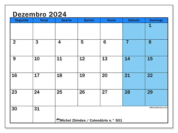 Calendário n.° 501 para dezembro de 2024, que pode ser impresso gratuitamente. Semana:  Segunda-feira a domingo.