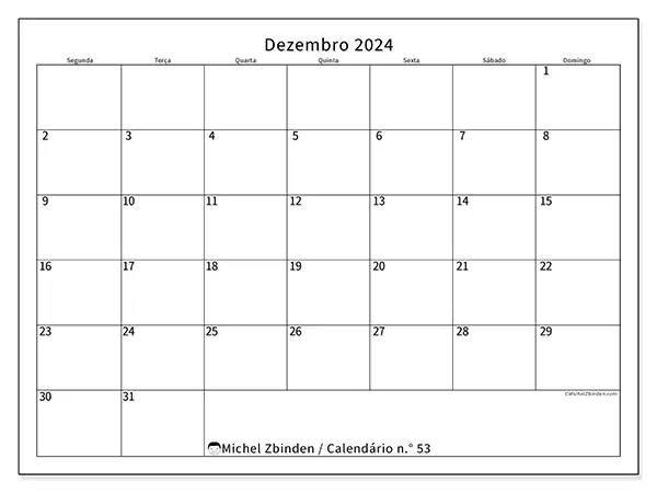 Calendário n.° 53 gratuito para imprimir, dezembro 2025. Semana:  Segunda-feira a domingo