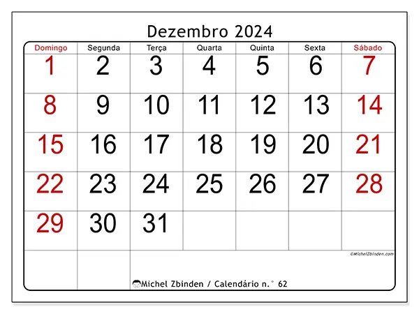 Calendário para imprimir n° 62, dezembro de 2024