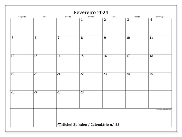 Calendário n.° 53 gratuito para imprimir, fevereiro 2025. Semana:  Segunda-feira a domingo