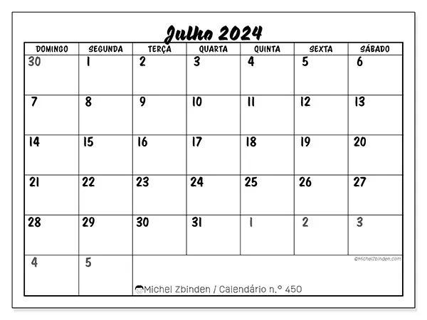 Calendário para imprimir n° 450, julho de 2024