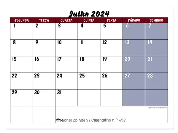 Calendário para imprimir n° 452, julho de 2024